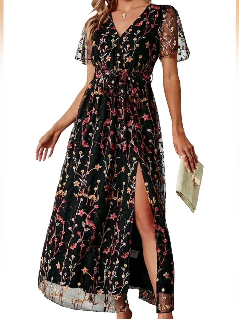 Simplee Apparel Embroidered Floral Black Maxi Dress with Side Slit